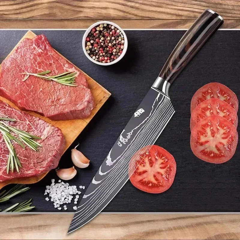 Laser Damascus Kitchen Knife Cleaver Meat Fruit Bread Knife Barbecue Boning Knife Cut Chicken Convenient Scissors Kitchen Knives