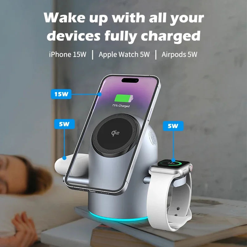 Auto Rotation Qi2 15W 3 in 1 Wireless Charging Station, Magnetic Fast Charger for IPhone16/15/14/13 Pro Max IWatch AirPods 3/2