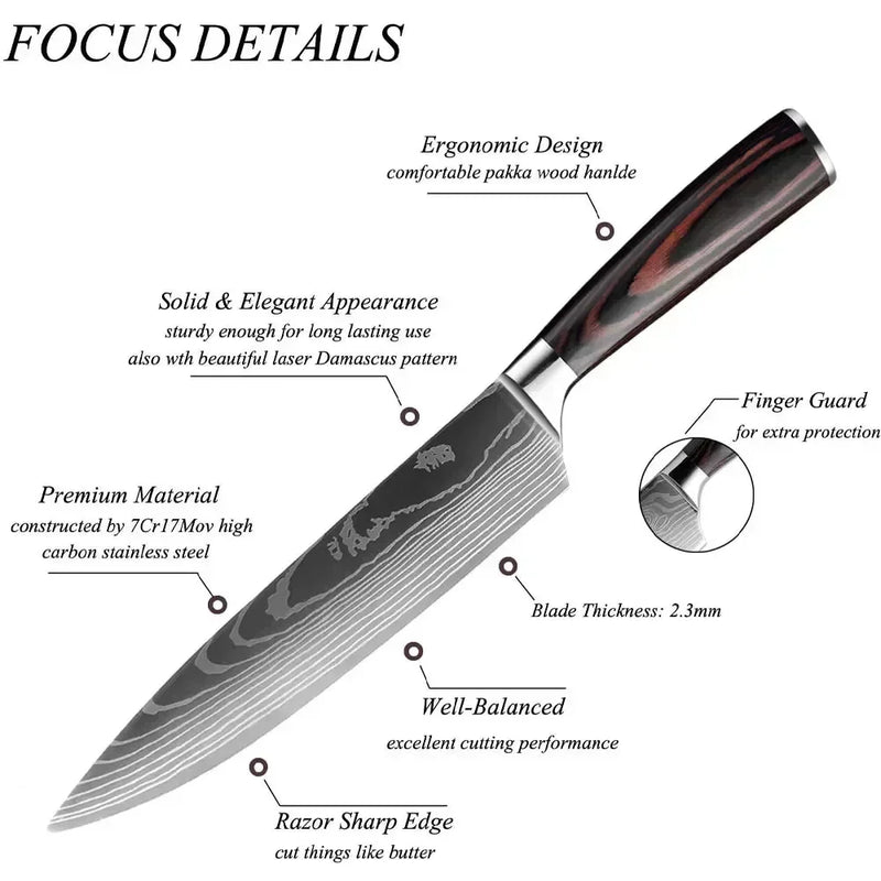 Laser Damascus Kitchen Knife Cleaver Meat Fruit Bread Knife Barbecue Boning Knife Cut Chicken Convenient Scissors Kitchen Knives