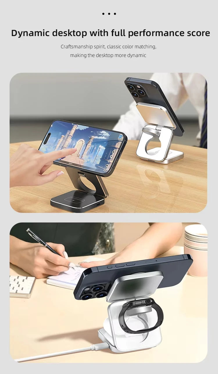 Portable Metal Qi2 3 in 1 Wireless Charging Holder Stand 15w Magnetic Foldable Wireless Charger Mobile Phone Stand for Apple