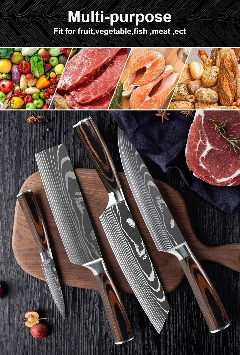 Laser Damascus Kitchen Knife Cleaver Meat Fruit Bread Knife Barbecue Boning Knife Cut Chicken Convenient Scissors Kitchen Knives