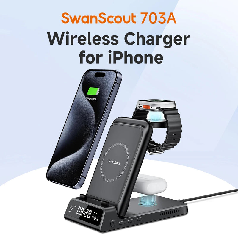 SwanScout 703A Wireless Charger for iPhone 16 15 14 13 12 11 Series Charging Station for Apple Watch 10 Ultra 2 for AirPods 4 2