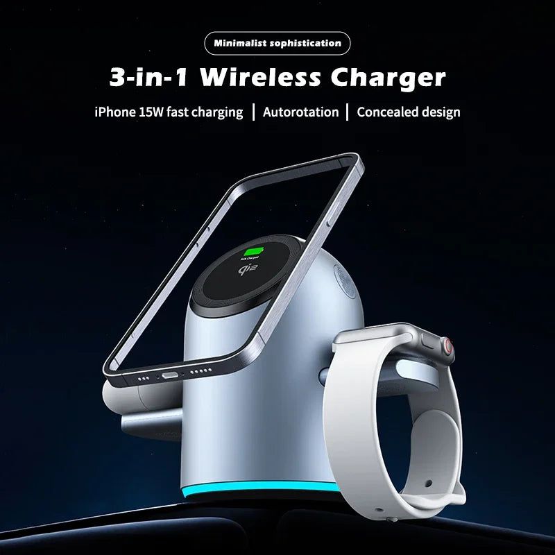Auto Rotation Qi2 15W 3 in 1 Wireless Charging Station, Magnetic Fast Charger for IPhone16/15/14/13 Pro Max IWatch AirPods 3/2