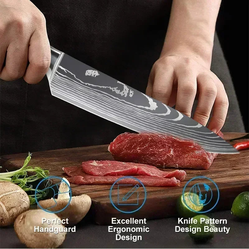Laser Damascus Kitchen Knife Cleaver Meat Fruit Bread Knife Barbecue Boning Knife Cut Chicken Convenient Scissors Kitchen Knives