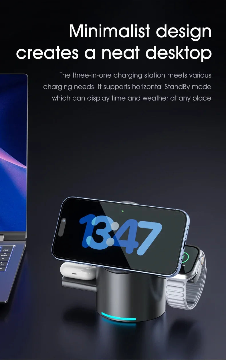 Qi2 3 in 1 Multifunction Magnetic Wireless Charger Touch Roating Fast Charging Base for Iphone 16 15 14 Pro Max, Iwatch Earphone