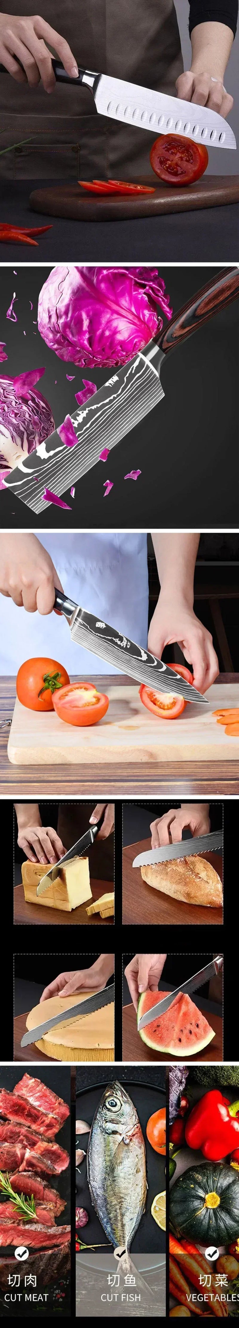 Laser Damascus Kitchen Knife Cleaver Meat Fruit Bread Knife Barbecue Boning Knife Cut Chicken Convenient Scissors Kitchen Knives