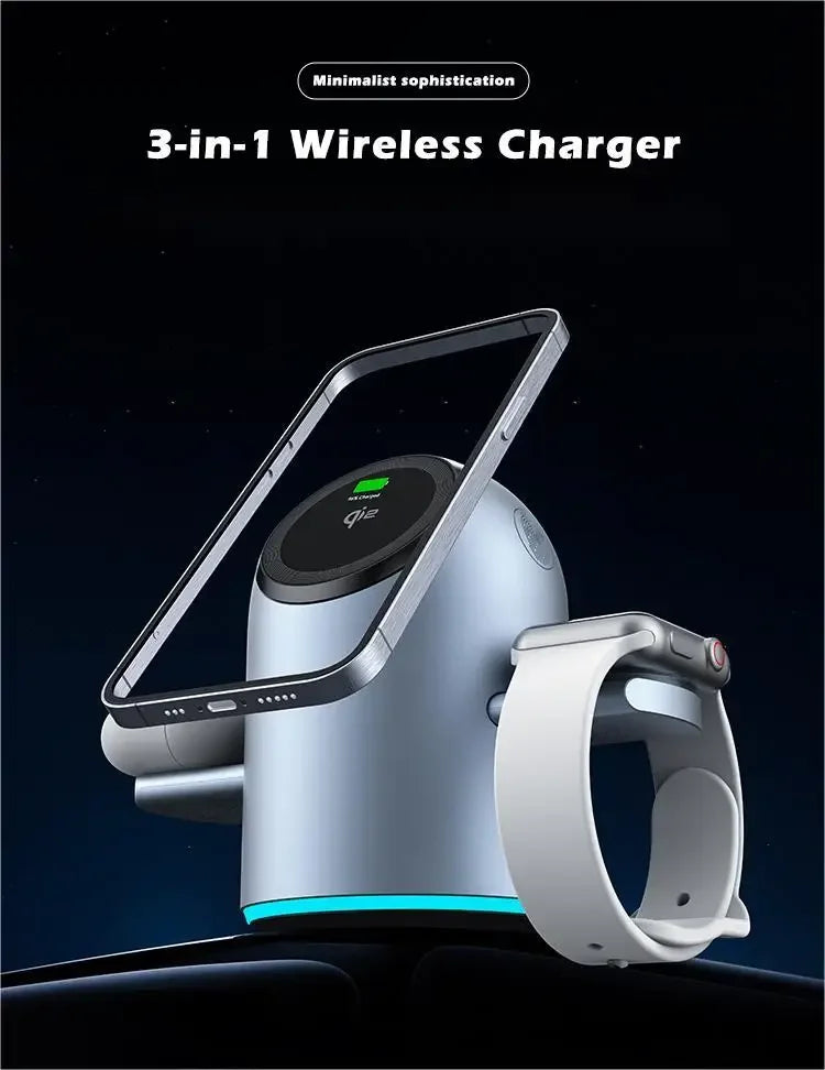 Auto Rotation Qi2 15W 3 in 1 Wireless Charging Station, Magnetic Fast Charger for IPhone16/15/14/13 Pro Max IWatch AirPods 3/2