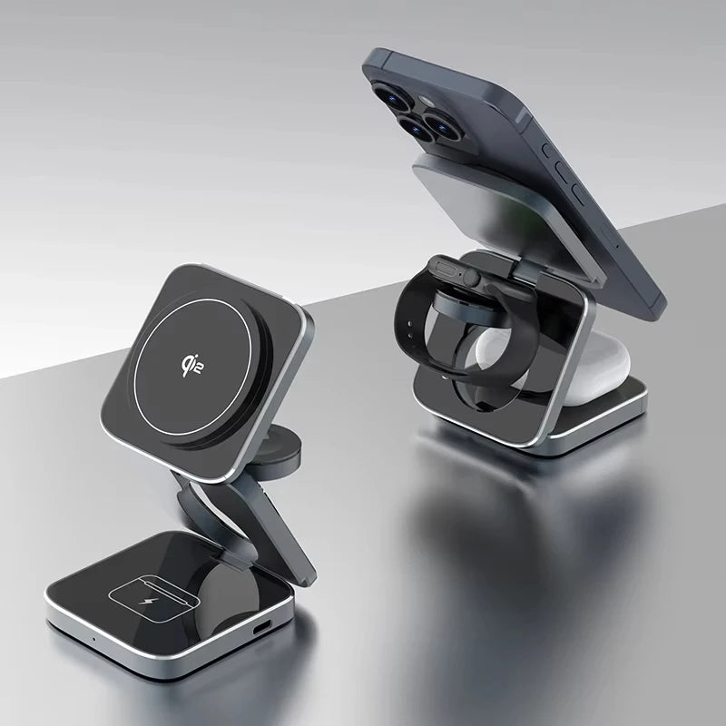 Portable Metal Qi2 3 in 1 Wireless Charging Holder Stand 15w Magnetic Foldable Wireless Charger Mobile Phone Stand for Apple
