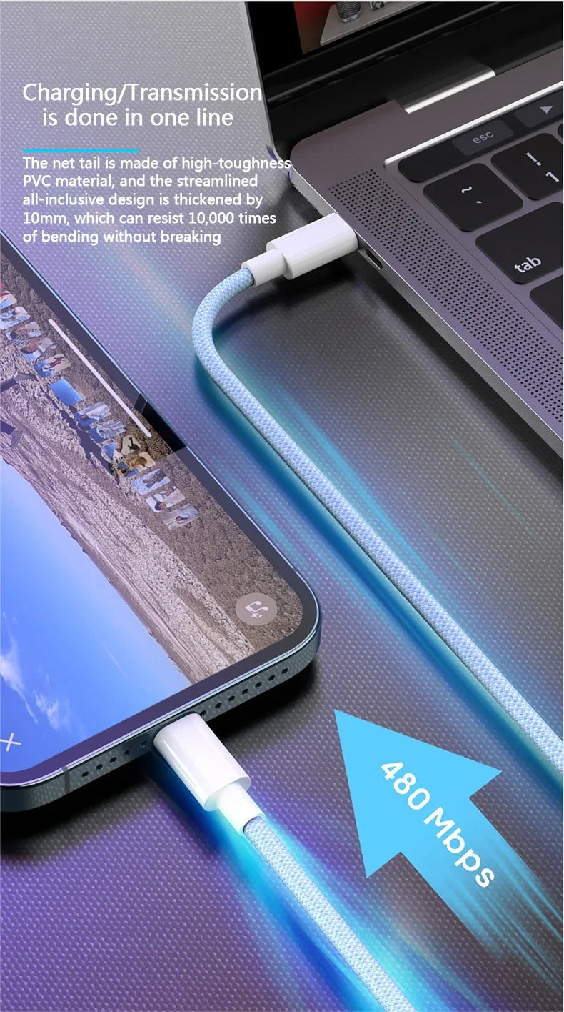 PD 20W USB-C Charging Cable For iPhone 14 13 12 11 Pro Max Xs 8 Plus iPad 3A Fast Charging Cord ‌Lightning Data Cable For iPhone