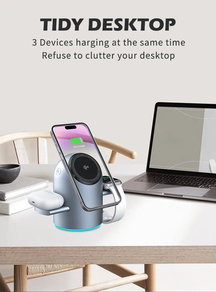 Auto Rotation Qi2 15W 3 in 1 Wireless Charging Station, Magnetic Fast Charger for IPhone16/15/14/13 Pro Max IWatch AirPods 3/2