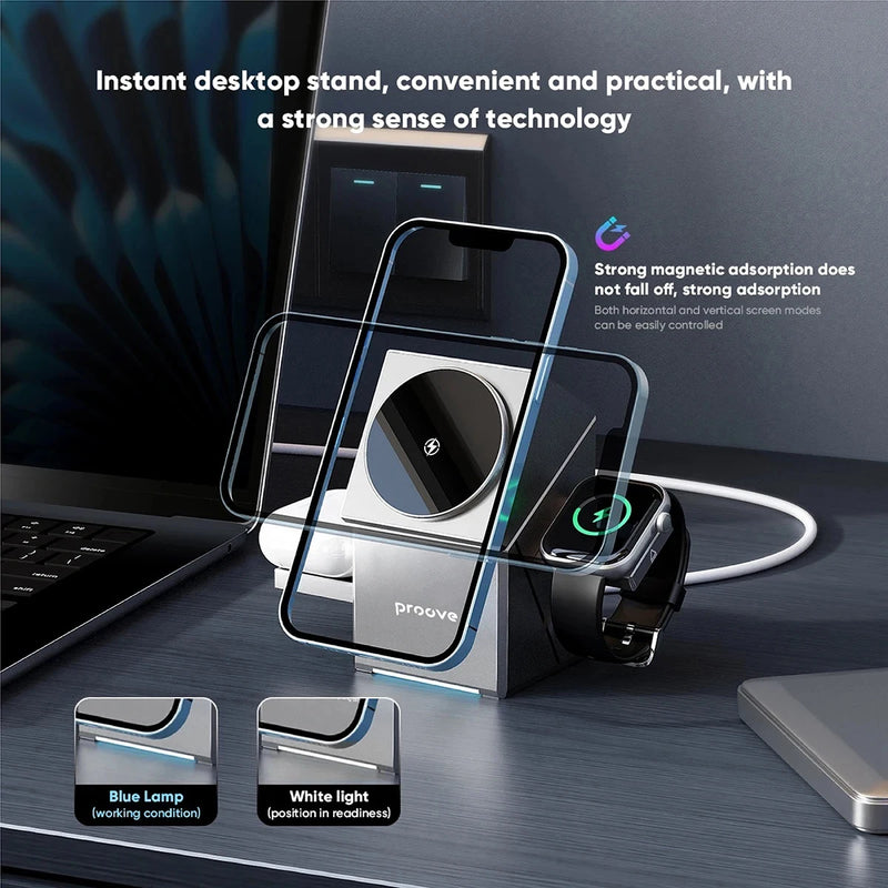 Estação de carregamento magnético 3 em 1 com carregador sem fio rápido Qi2 de 15 W para iPhone 16/15/14/13, Apple Watch e AirPods