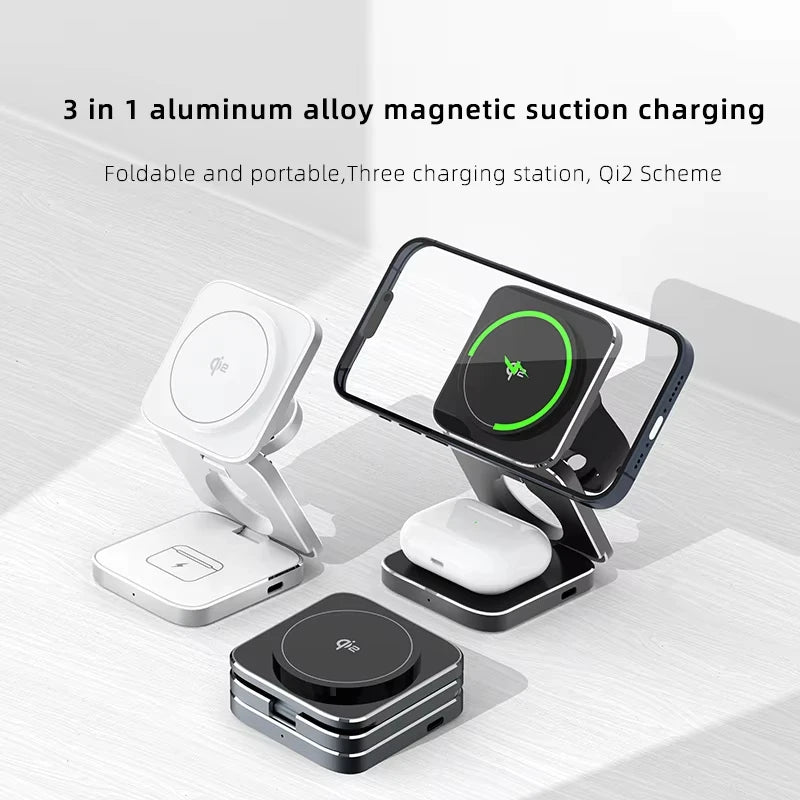 Portable Metal Qi2 3 in 1 Wireless Charging Holder Stand 15w Magnetic Foldable Wireless Charger Mobile Phone Stand for Apple