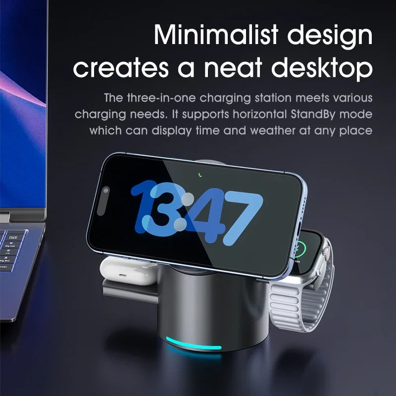 Qi2 3 in 1 Multifunction Magnetic Wireless Charger Touch Roating Fast Charging Base for Iphone 16 15 14 Pro Max, Iwatch Earphone