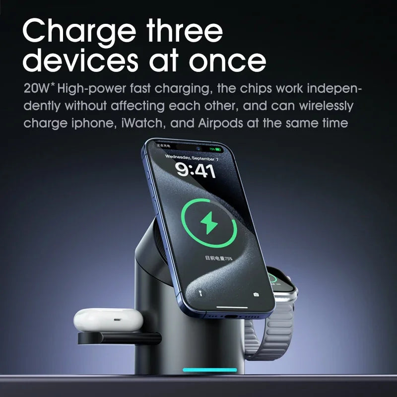 Qi2 3 in 1 Multifunction Magnetic Wireless Charger Touch Roating Fast Charging Base for Iphone 16 15 14 Pro Max, Iwatch Earphone