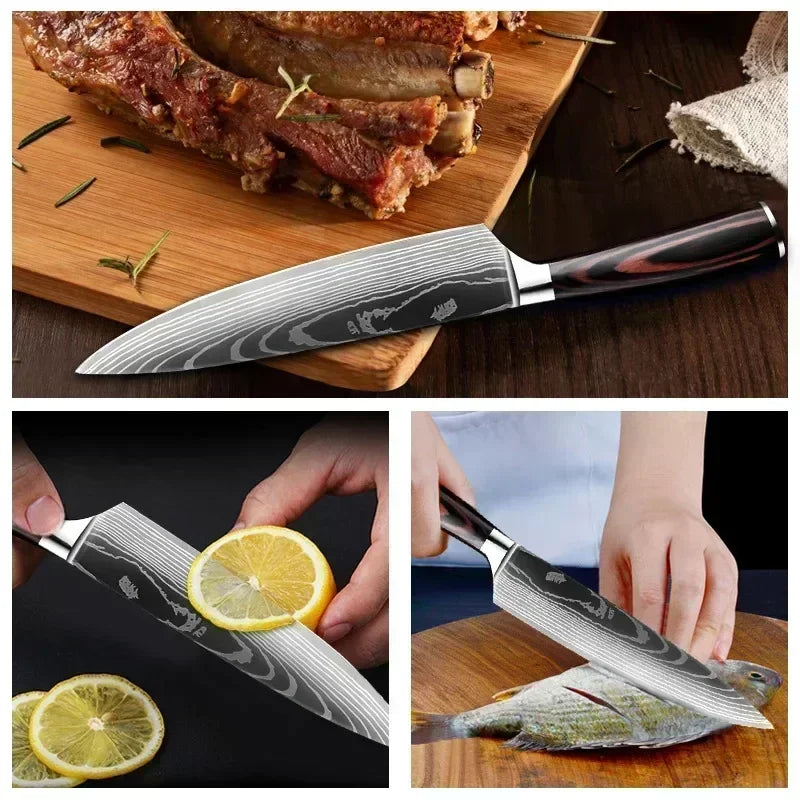Laser Damascus Kitchen Knife Cleaver Meat Fruit Bread Knife Barbecue Boning Knife Cut Chicken Convenient Scissors Kitchen Knives