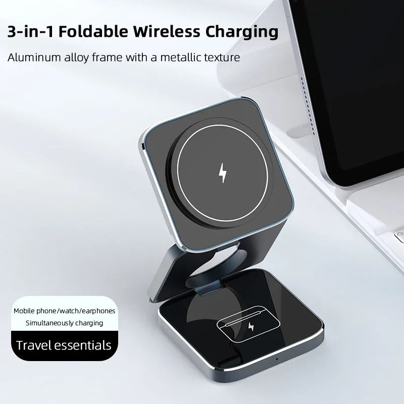 Carregador sem fio magnético 3 em 1 com certificação Qi2, suporte de carregamento dobrável de alumínio para iPhone 16/15/14 Pro Max, AirPods, iWatch