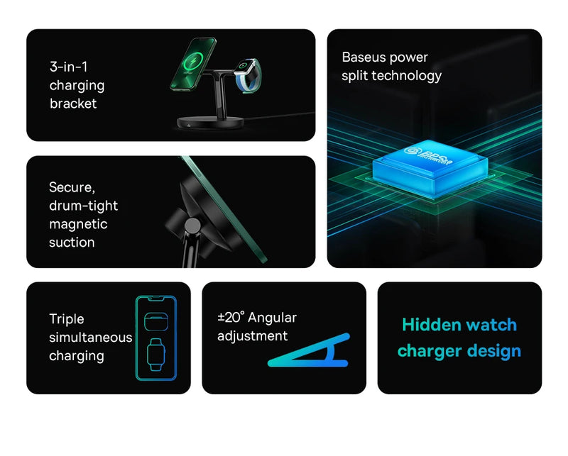 Baseus  3 in 1 20W Magnetic Wireless Charger Stand For Phone iPhone 15 14 Pro Airpods Apple Watch  Fast Charging Station Holder