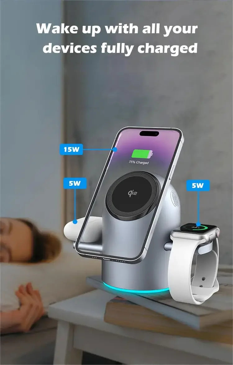 Auto Rotation Qi2 15W 3 in 1 Wireless Charging Station, Magnetic Fast Charger for IPhone16/15/14/13 Pro Max IWatch AirPods 3/2