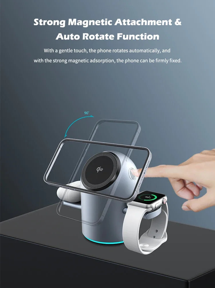 Auto Rotation Qi2 15W 3 in 1 Wireless Charging Station, Magnetic Fast Charger for IPhone16/15/14/13 Pro Max IWatch AirPods 3/2