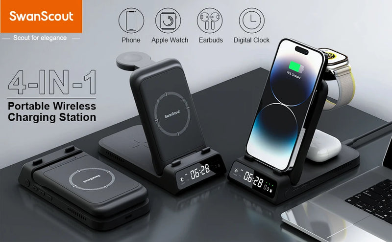 SwanScout 703A Wireless Charger for iPhone 16 15 14 13 12 11 Series Charging Station for Apple Watch 10 Ultra 2 for AirPods 4 2