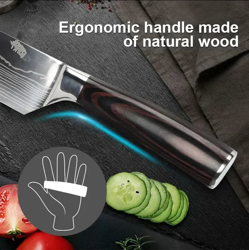 Laser Damascus Kitchen Knife Cleaver Meat Fruit Bread Knife Barbecue Boning Knife Cut Chicken Convenient Scissors Kitchen Knives