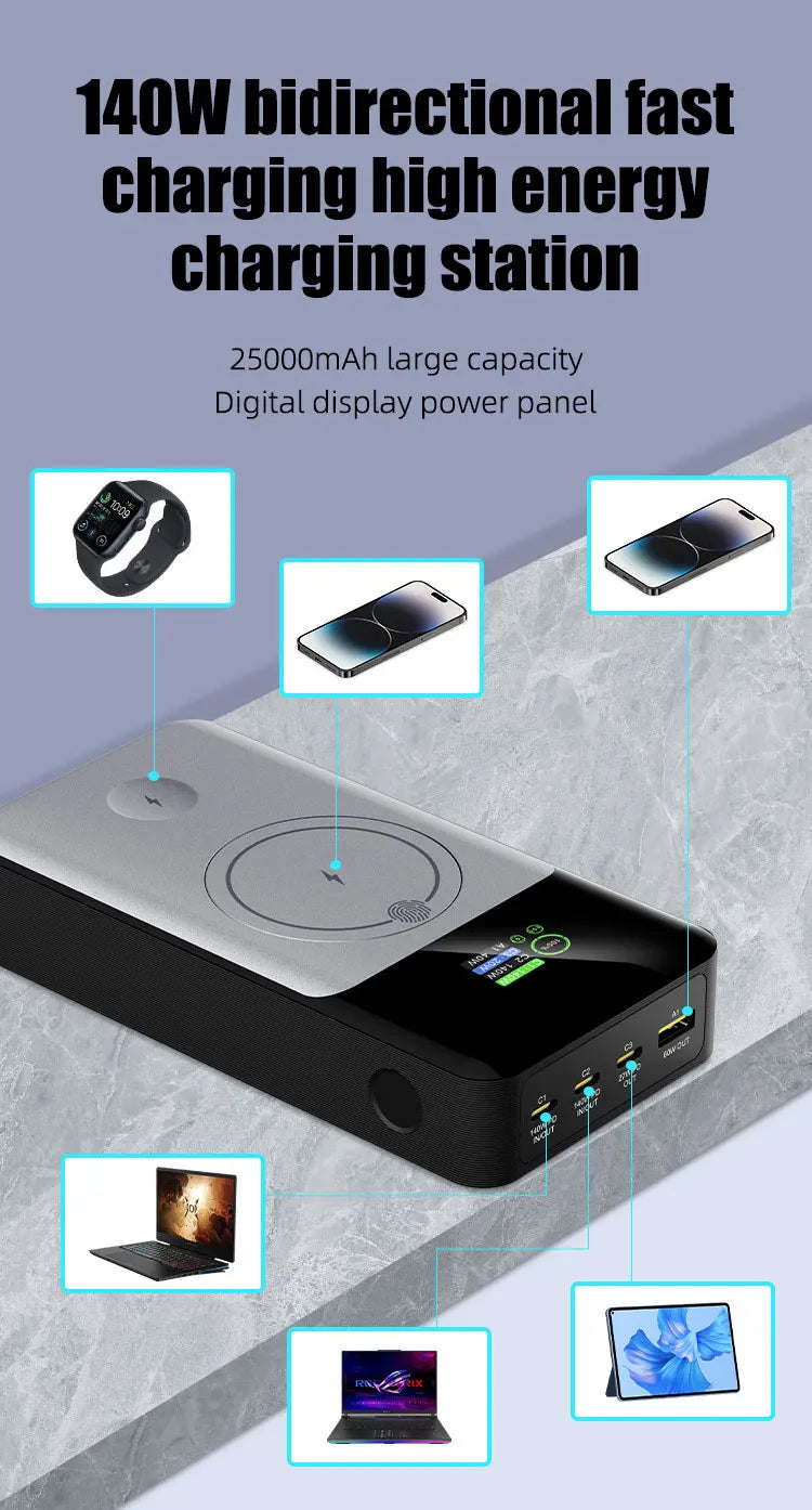 289.5W Graphene Power Bank OLED Color Screen Display 25000mah/92.5Wh PD3.1 140W Wireless15W PPS QC Laptop Phone Fast Charging