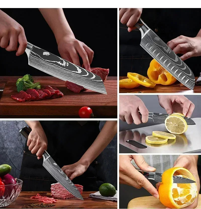 Laser Damascus Kitchen Knife Cleaver Meat Fruit Bread Knife Barbecue Boning Knife Cut Chicken Convenient Scissors Kitchen Knives