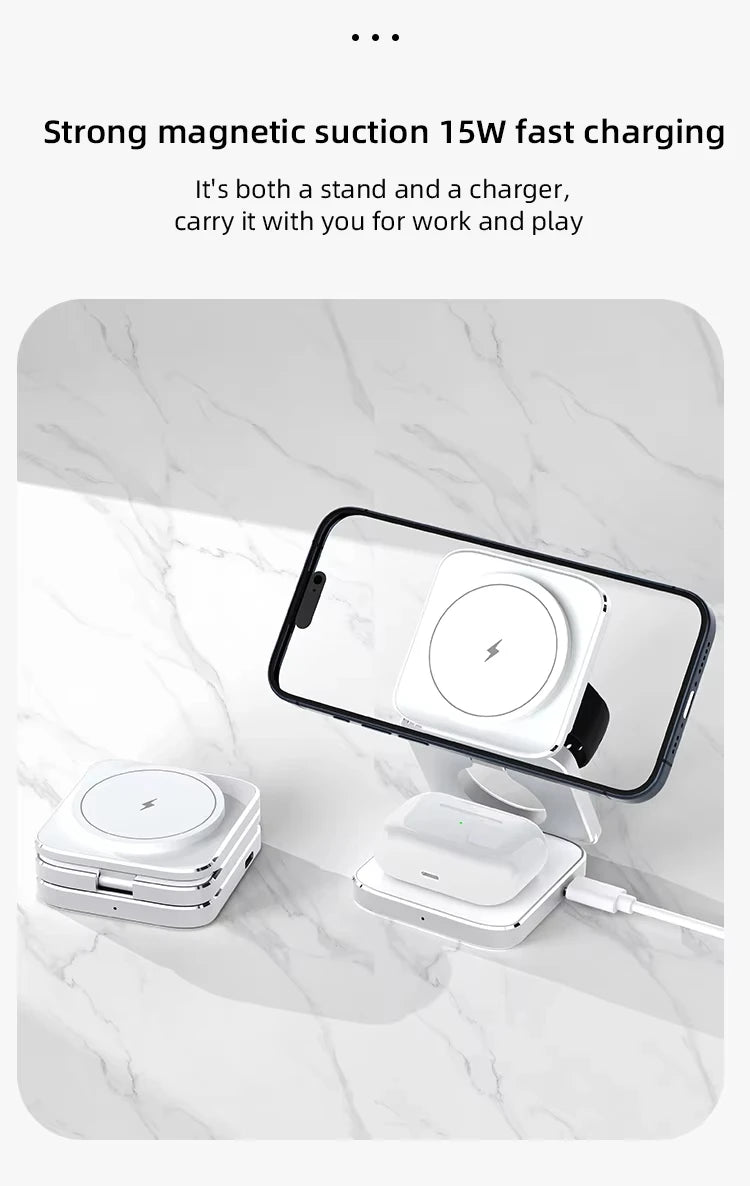 Portable Metal Qi2 3 in 1 Wireless Charging Holder Stand 15w Magnetic Foldable Wireless Charger Mobile Phone Stand for Apple