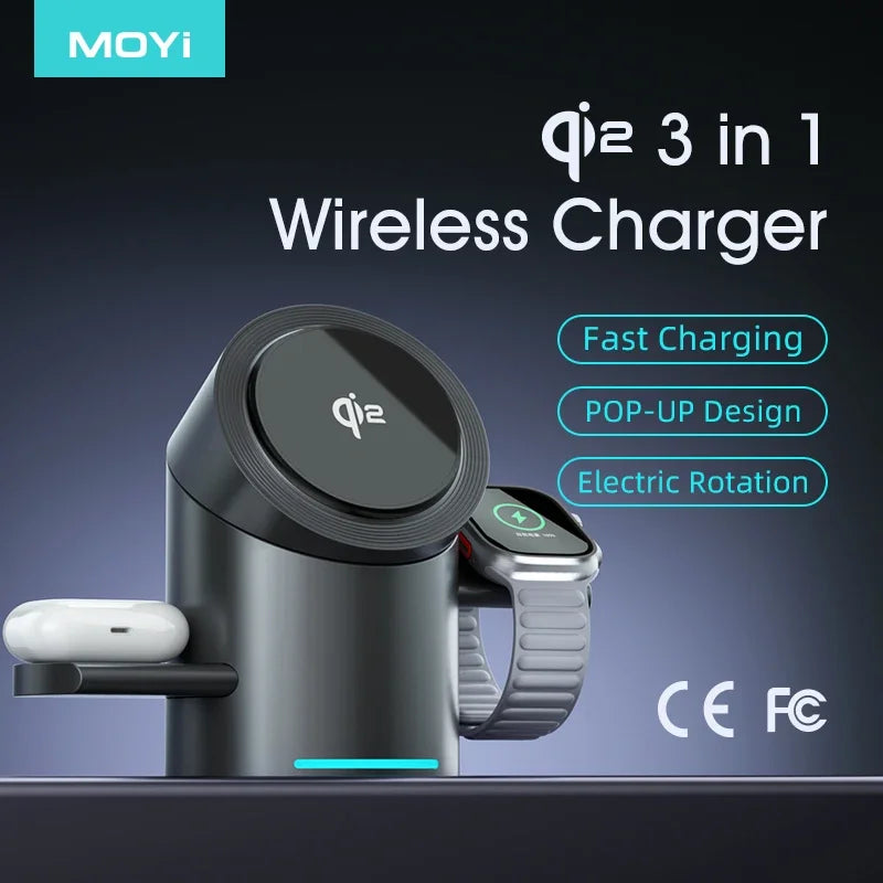Qi2 3 in 1 Multifunction Magnetic Wireless Charger Touch Roating Fast Charging Base for Iphone 16 15 14 Pro Max, Iwatch Earphone