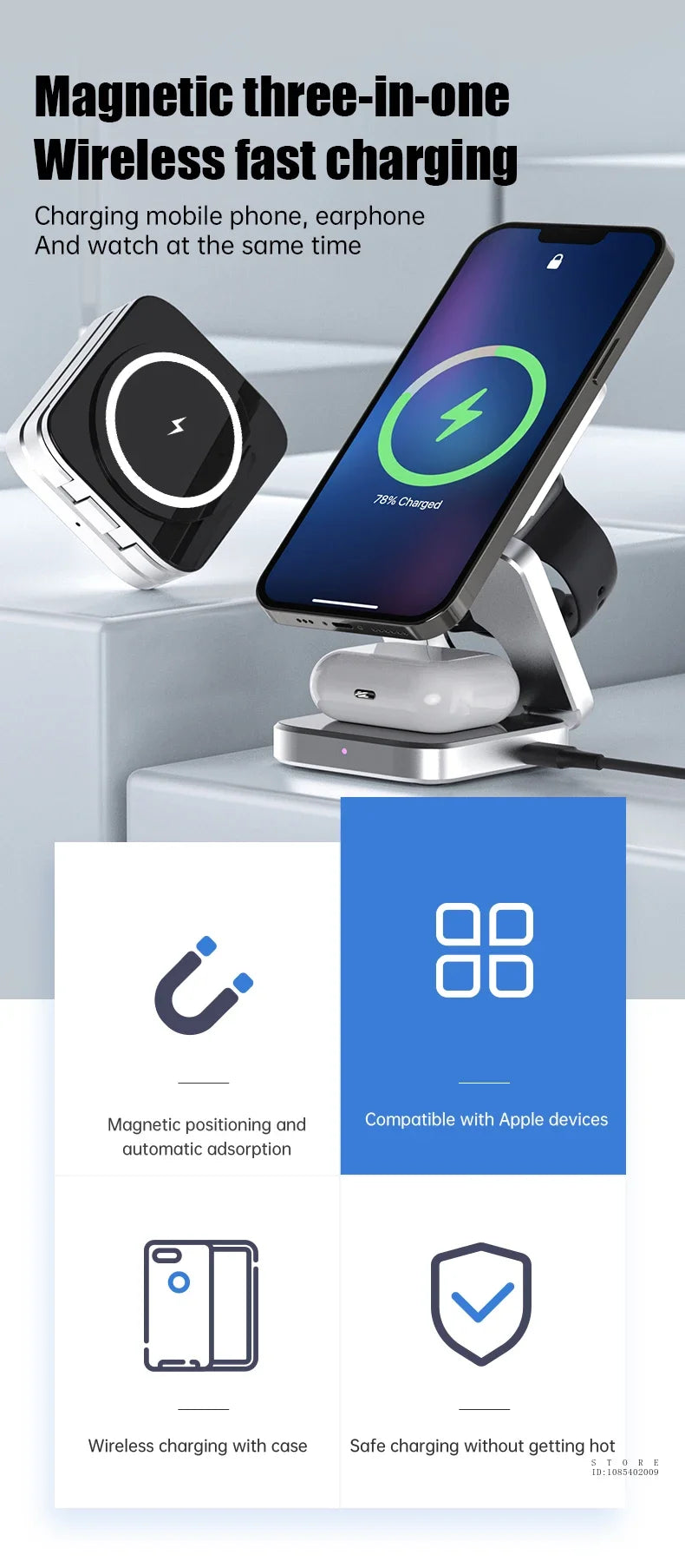 Estação de carregamento sem fio magnética para Samsung 3 em 1 Carregador sem fio rápido para Samsung Galaxy S24 S23 S22 Estação de carregamento