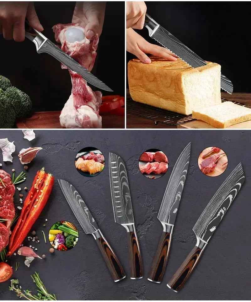 Laser Damascus Kitchen Knife Cleaver Meat Fruit Bread Knife Barbecue Boning Knife Cut Chicken Convenient Scissors Kitchen Knives