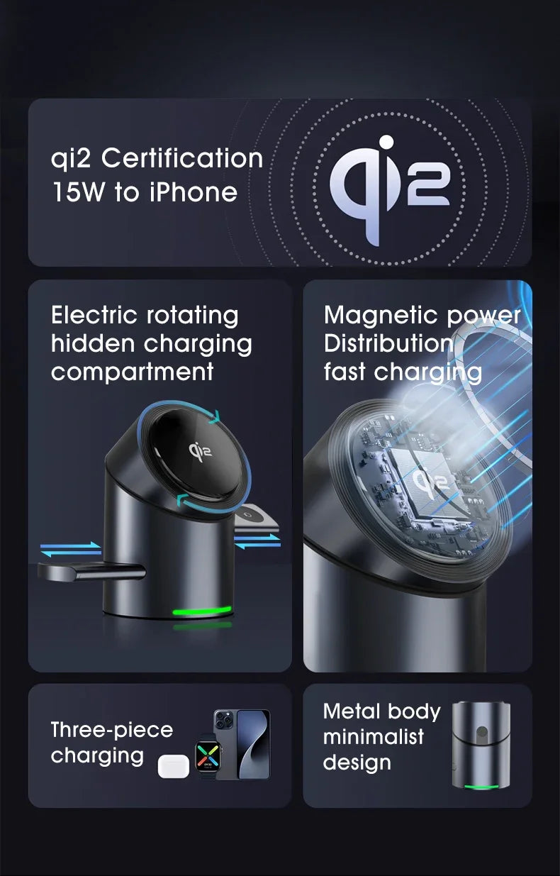 Qi2 3 in 1 Multifunction Magnetic Wireless Charger Touch Roating Fast Charging Base for Iphone 16 15 14 Pro Max, Iwatch Earphone
