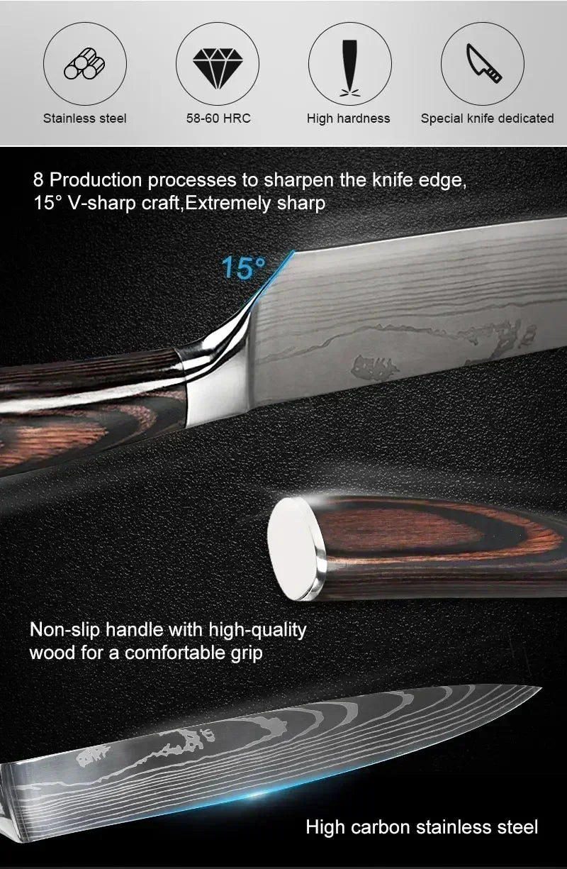 Laser Damascus Kitchen Knife Cleaver Meat Fruit Bread Knife Barbecue Boning Knife Cut Chicken Convenient Scissors Kitchen Knives