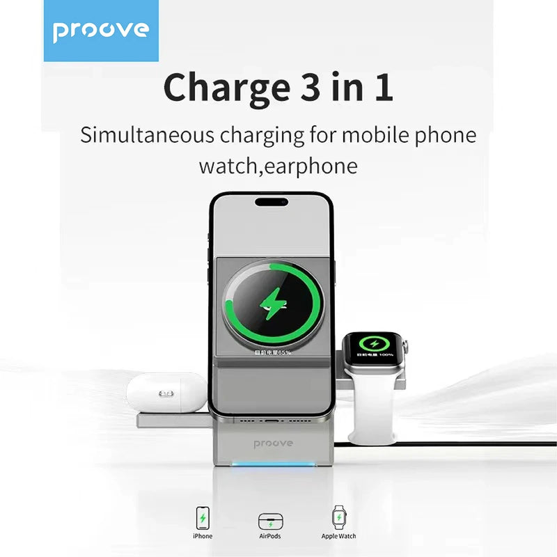 Estação de carregamento magnético 3 em 1 com carregador sem fio rápido Qi2 de 15 W para iPhone 16/15/14/13, Apple Watch e AirPods