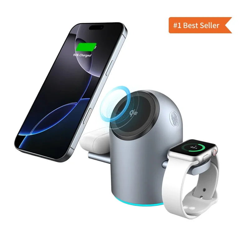 Auto Rotation Qi2 15W 3 in 1 Wireless Charging Station, Magnetic Fast Charger for IPhone16/15/14/13 Pro Max IWatch AirPods 3/2