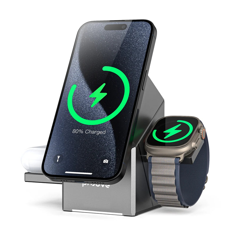 Estação de carregamento magnético 3 em 1 com carregador sem fio rápido Qi2 de 15 W para iPhone 16/15/14/13, Apple Watch e AirPods