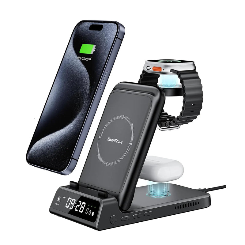 SwanScout 703A Wireless Charger for iPhone 16 15 14 13 12 11 Series Charging Station for Apple Watch 10 Ultra 2 for AirPods 4 2