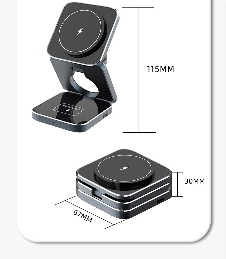 Carregador sem fio magnético 3 em 1 com certificação Qi2, suporte de carregamento dobrável de alumínio para iPhone 16/15/14 Pro Max, AirPods, iWatch