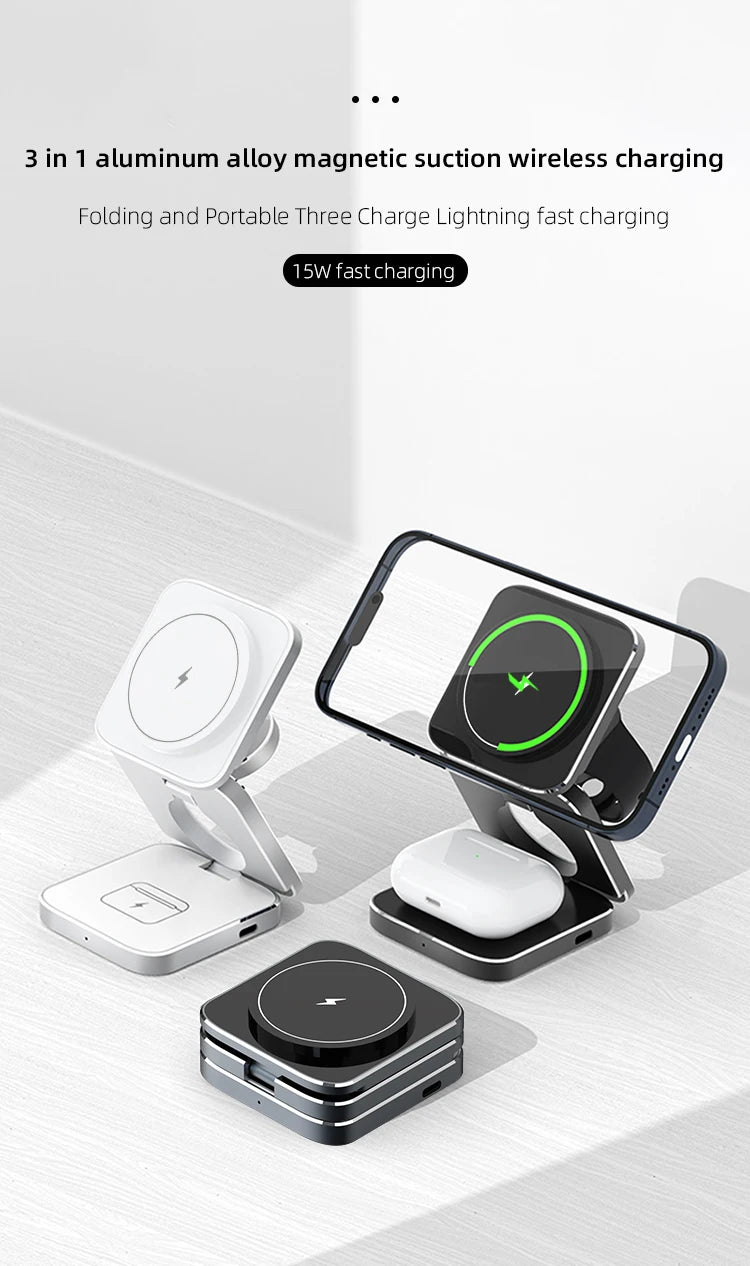 Carregador sem fio magnético 3 em 1 com certificação Qi2, suporte de carregamento dobrável de alumínio para iPhone 16/15/14 Pro Max, AirPods, iWatch