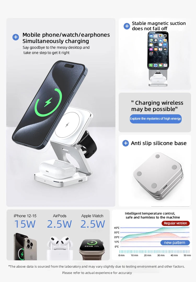 Carregador sem fio magnético 3 em 1 com certificação Qi2, suporte de carregamento dobrável de alumínio para iPhone 16/15/14 Pro Max, AirPods, iWatch