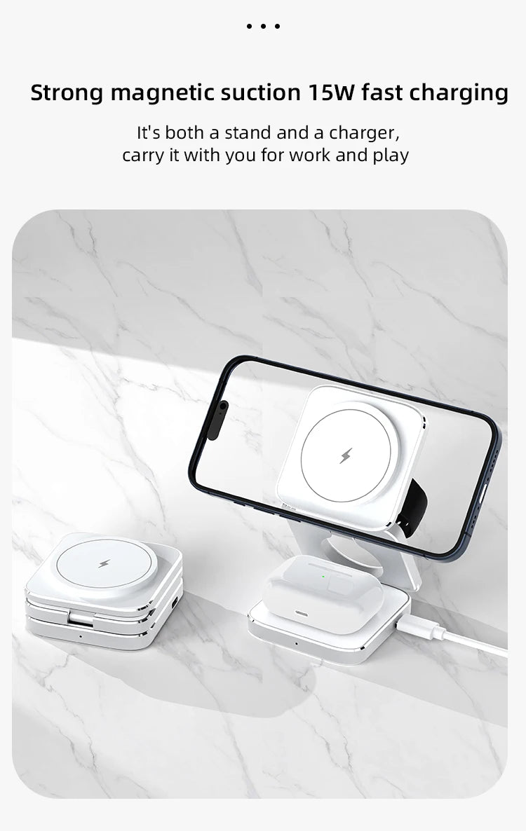 Carregador sem fio magnético 3 em 1 com certificação Qi2, suporte de carregamento dobrável de alumínio para iPhone 16/15/14 Pro Max, AirPods, iWatch