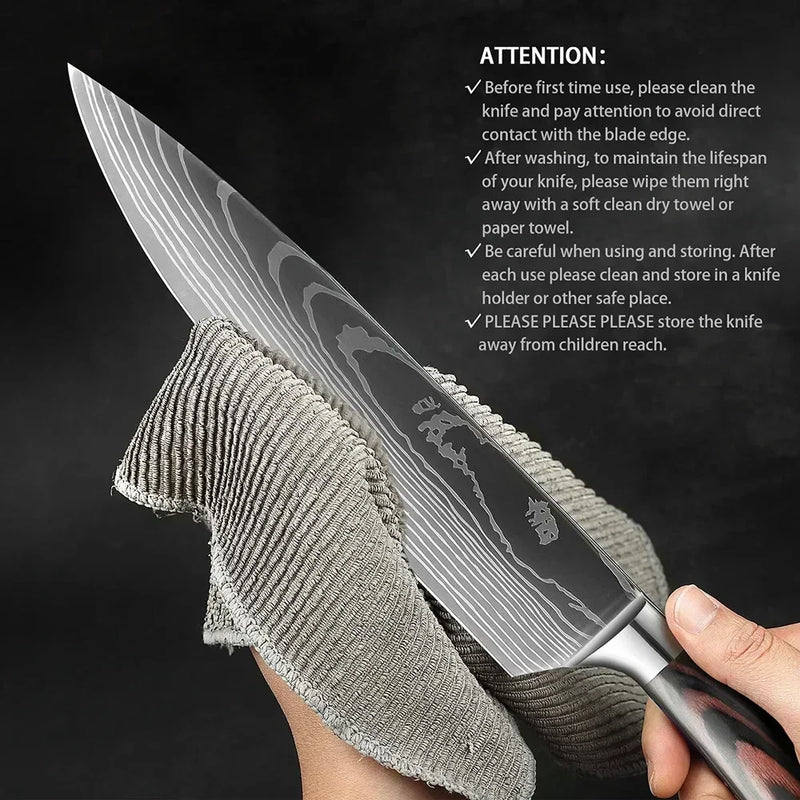 Laser Damascus Kitchen Knife Cleaver Meat Fruit Bread Knife Barbecue Boning Knife Cut Chicken Convenient Scissors Kitchen Knives