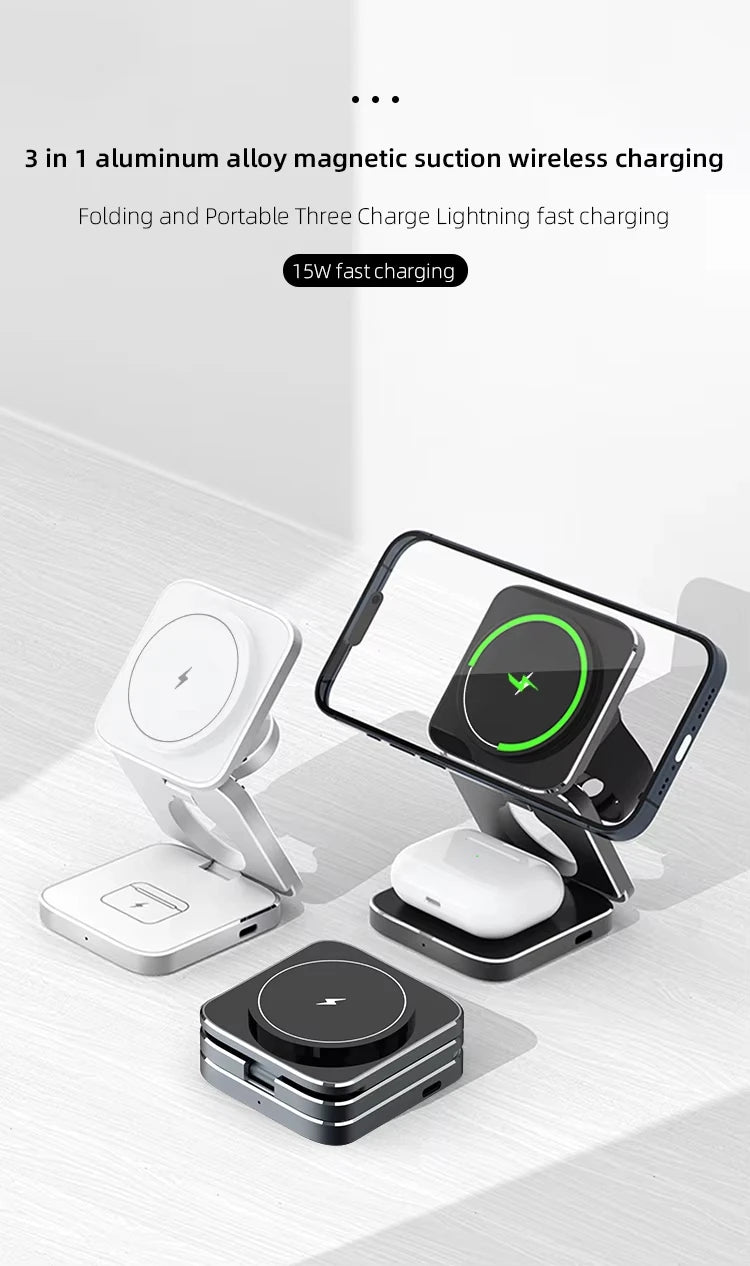 Portable Metal Qi2 3 in 1 Wireless Charging Holder Stand 15w Magnetic Foldable Wireless Charger Mobile Phone Stand for Apple