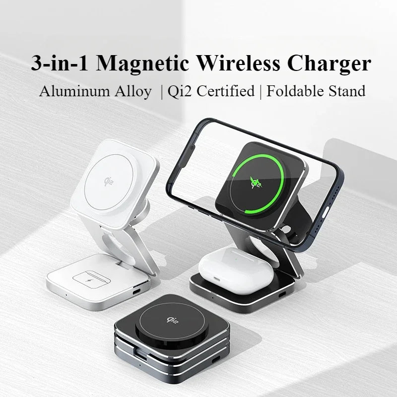Carregador sem fio magnético 3 em 1 com certificação Qi2, suporte de carregamento dobrável de alumínio para iPhone 16/15/14 Pro Max, AirPods, iWatch