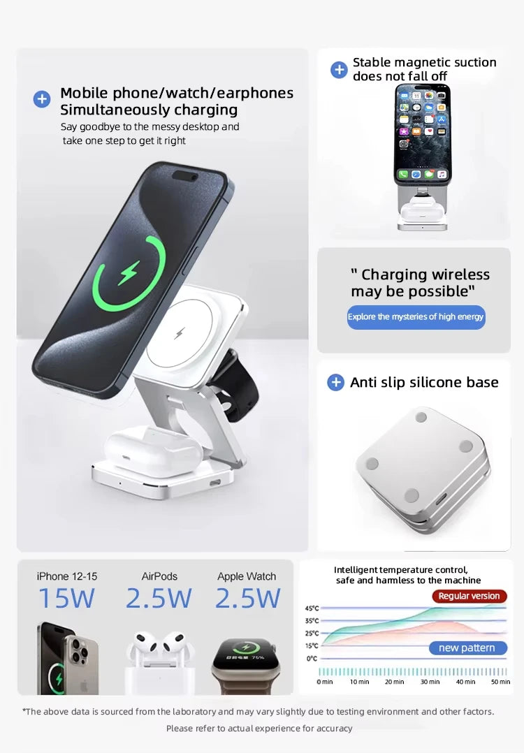 Portable Metal Qi2 3 in 1 Wireless Charging Holder Stand 15w Magnetic Foldable Wireless Charger Mobile Phone Stand for Apple
