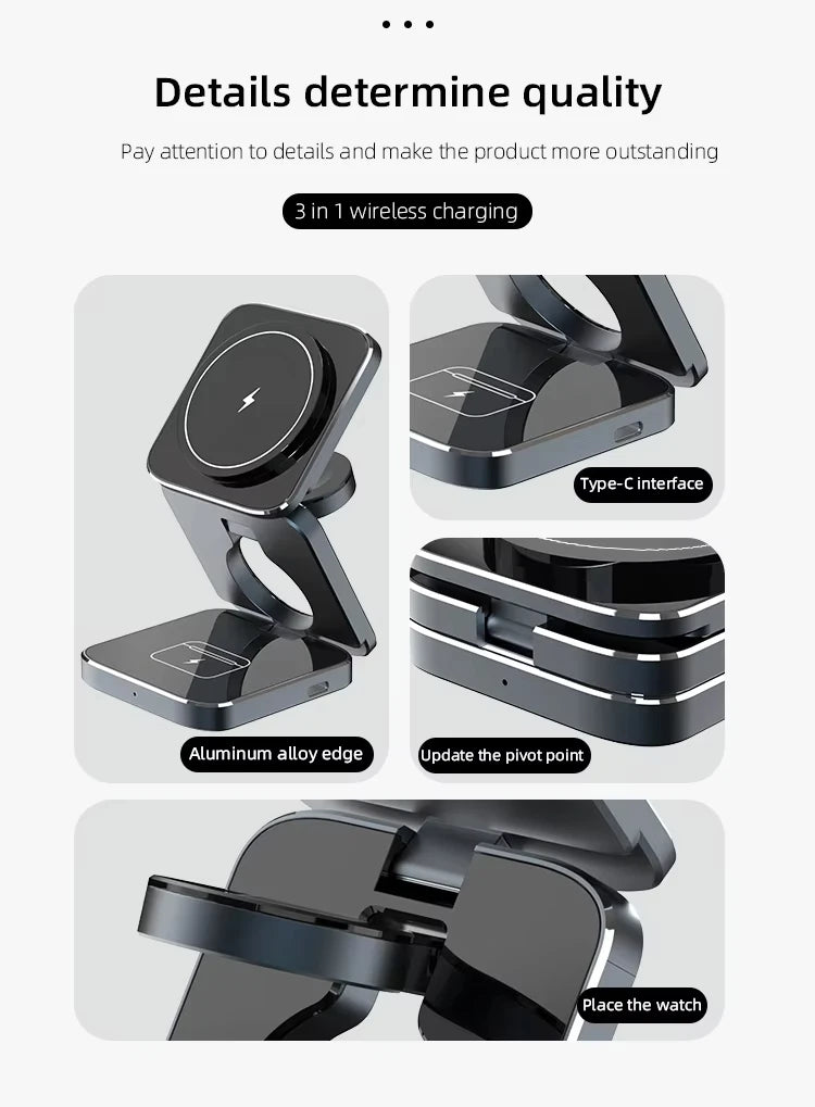 Portable Metal Qi2 3 in 1 Wireless Charging Holder Stand 15w Magnetic Foldable Wireless Charger Mobile Phone Stand for Apple