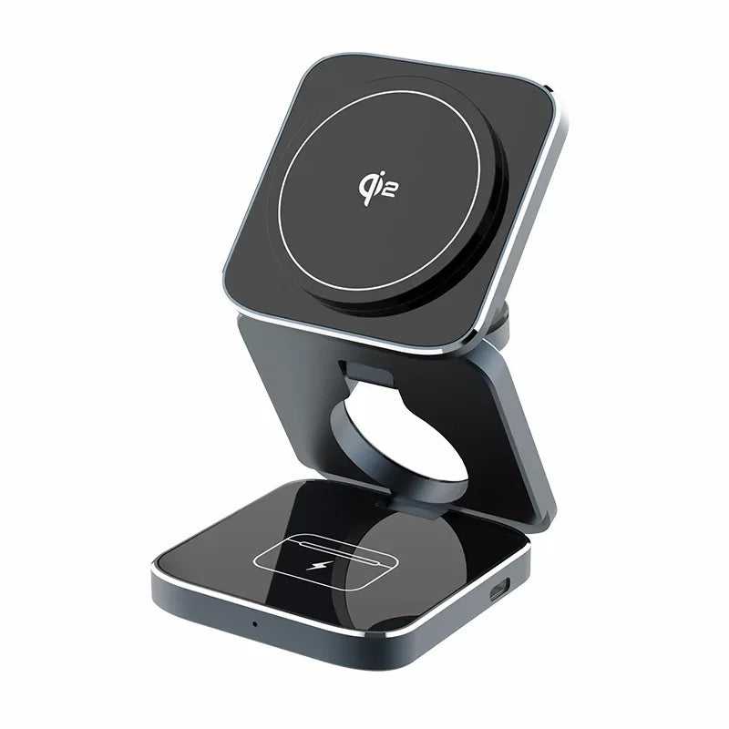 Carregador sem fio magnético 3 em 1 com certificação Qi2, suporte de carregamento dobrável de alumínio para iPhone 16/15/14 Pro Max, AirPods, iWatch