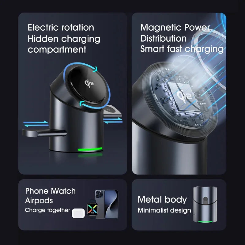 Qi2 3 in 1 Multifunction Magnetic Wireless Charger Touch Roating Fast Charging Base for Iphone 16 15 14 Pro Max, Iwatch Earphone
